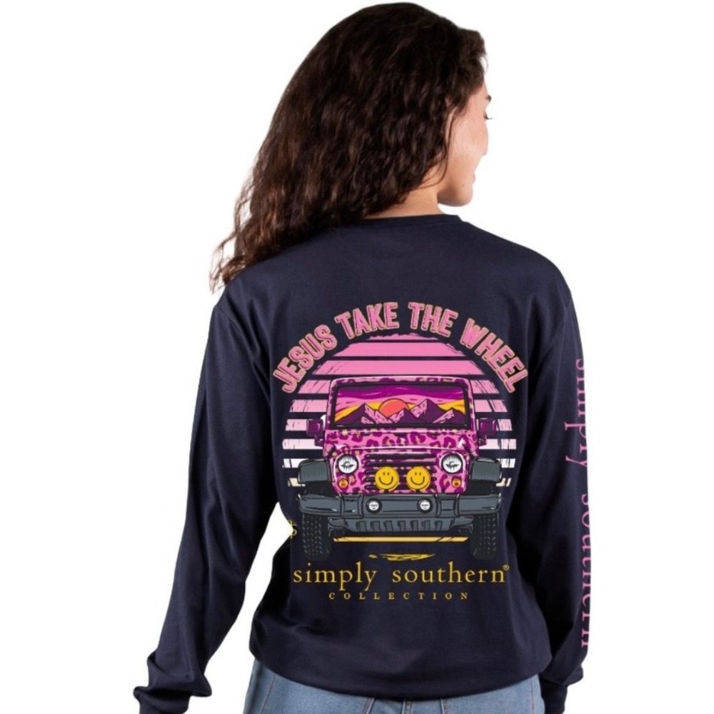 NWT Simply Southern Jesus Take The Wheel Long Sleeve T-Shirt Navy Blue‎ Medium